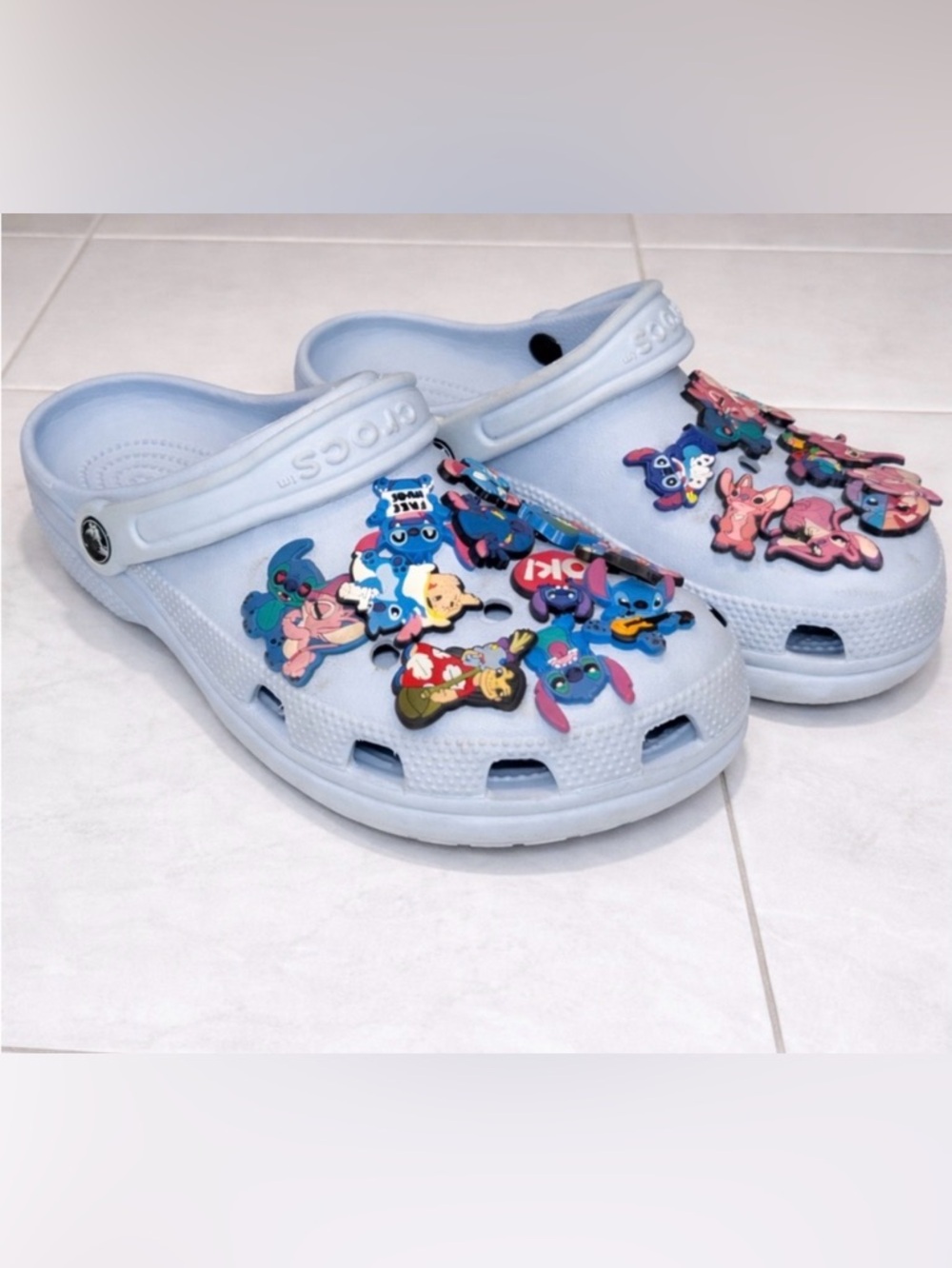 Crocs Light Blue Classic Clogs w/ Stitch & Angel Jibbitz Charms W8/M6